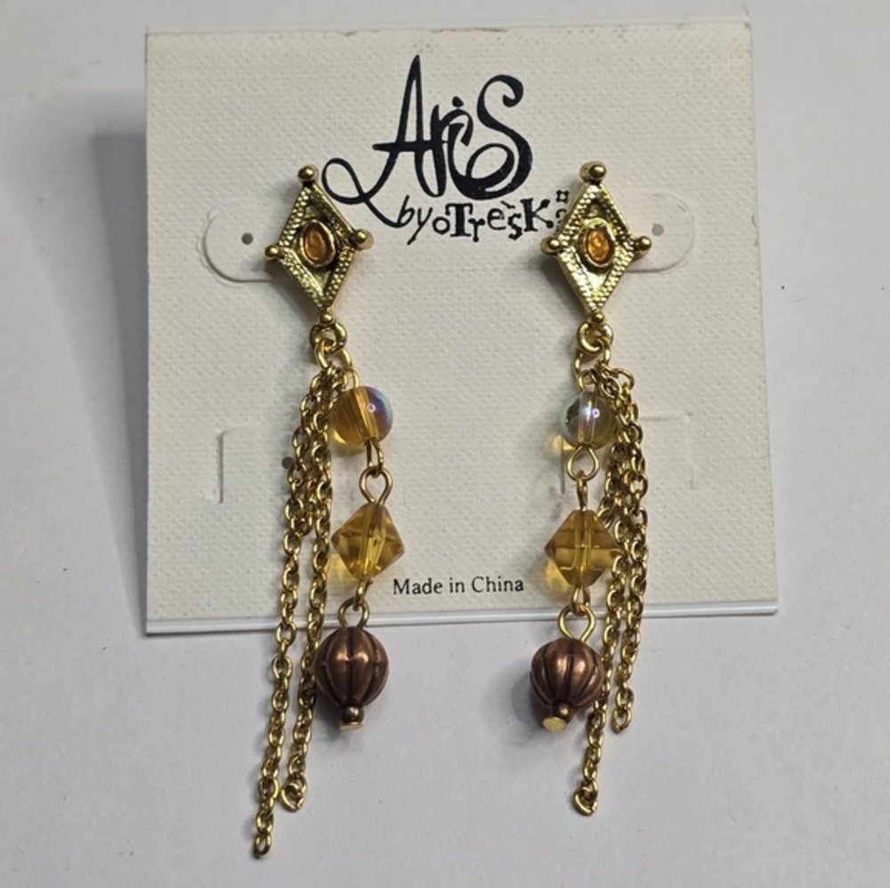 Aris by Treska Gold Tone Amber Crystal Beaded Tassel Dangle Earrings NWT